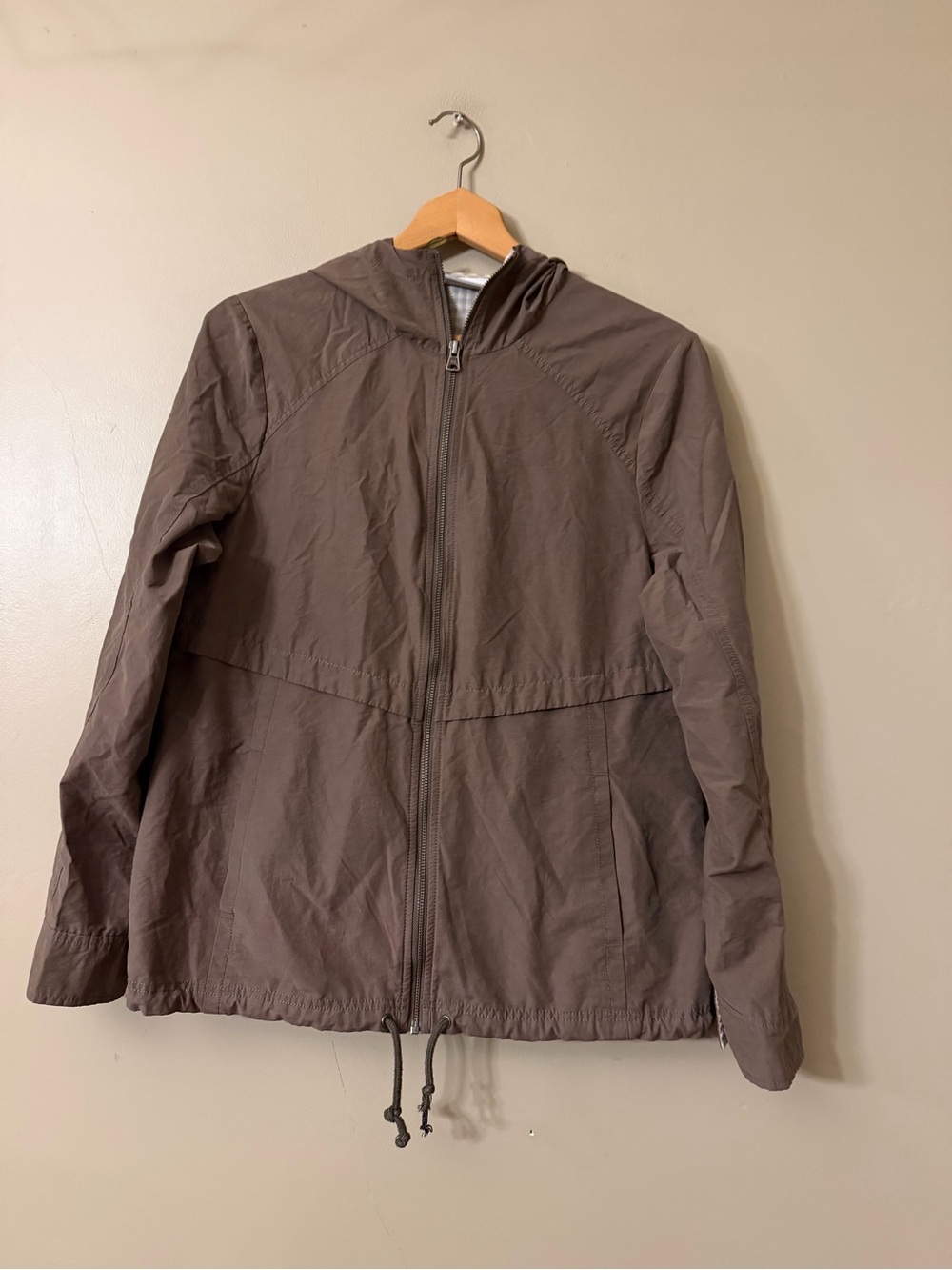 Columbia Womens Brown Hooded Windbreaker Lightweight jacket Gingham Lining Sz me